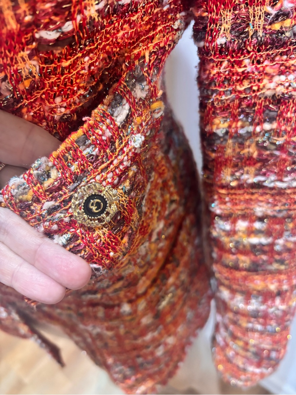 St. John Orange Multicolor Tweed Blazer red orange yellow 12 buttons shimmer - Picture 6 of 8